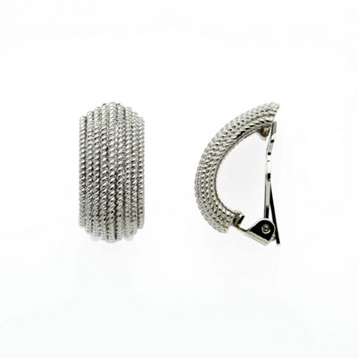 Rhodium textured half hoop clip earrings